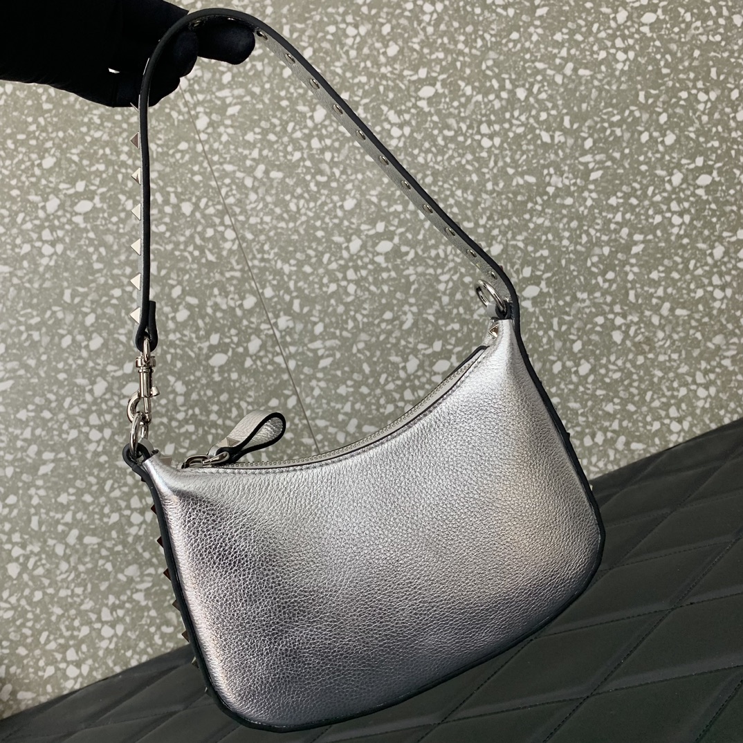 Valentino Garavani Rockstud Mini Hobo Bag in Silver Grainy Calfskin